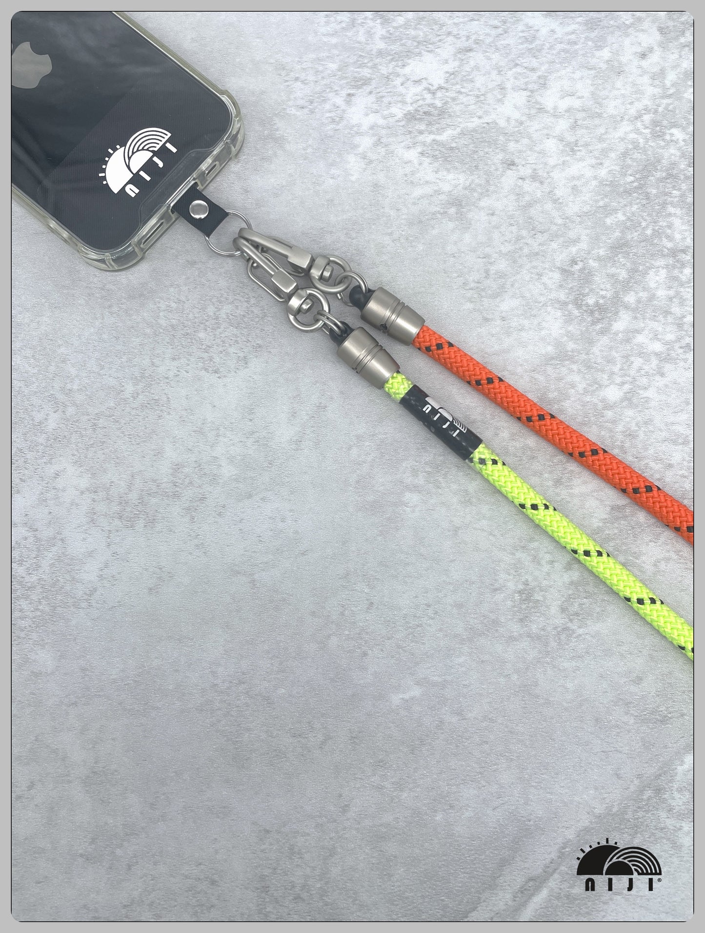 "AW24 NEW COLLECTION" Two tonal crossbody mobile strap 7mm Orange w black tracer  / Neon green w black tracer