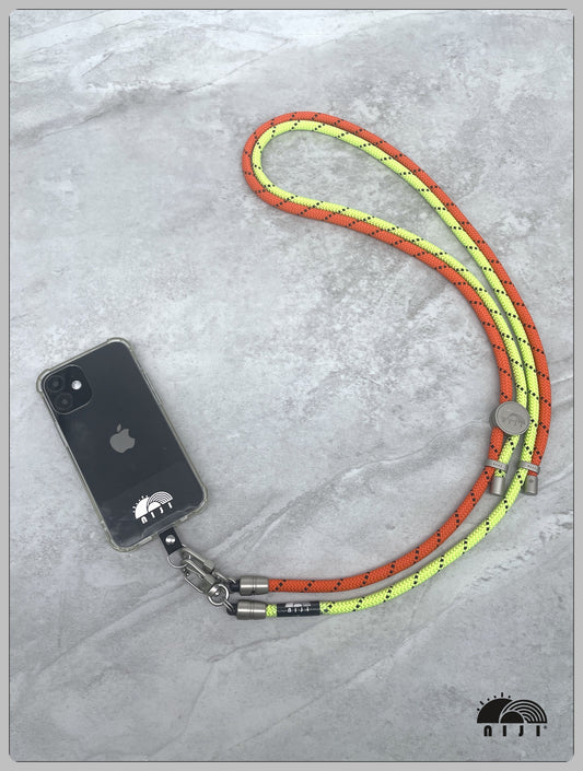 "AW24 NEW COLLECTION" Two tonal crossbody mobile strap 7mm Orange w black tracer  / Neon green w black tracer