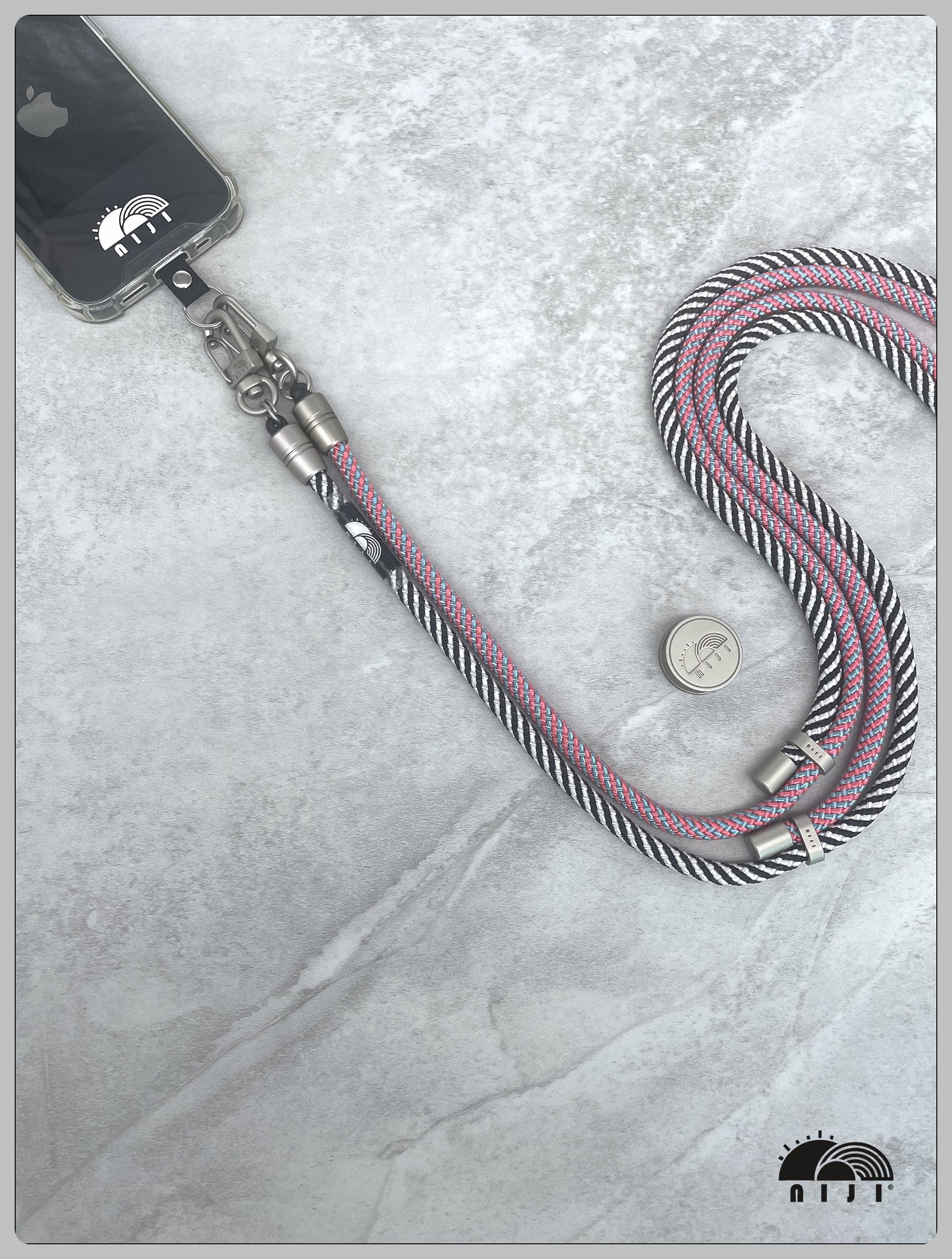 "AW24 NEW COLLECTION" Two tonal crossbody mobile strap 7mm Pink & blue spirals / Black & white spirals