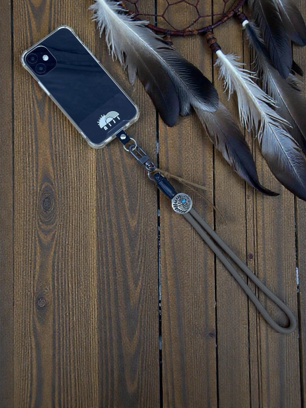 Native American wrist strap w brass stopper